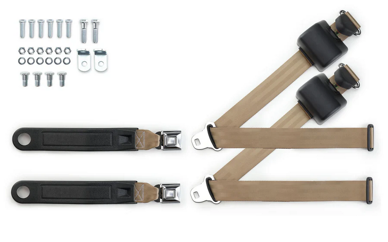 1973-91 gm truck 3pt 369-tan-12 belts w/pushbutton & 337 hardware kit for bucket seats (pair) RETROBELT RB-7391GMTKKT-TAN-BU