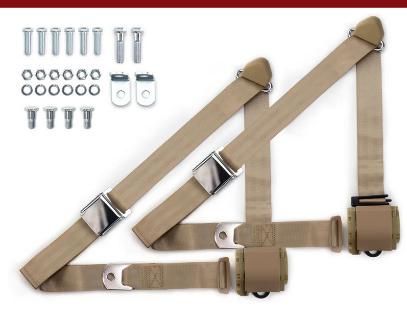 1973-91 gm truck 3pt 359-tan belts w/aviation buckle & 337 hardware kit (pair) RETROBELT RB-7391GMTKKT-TAN