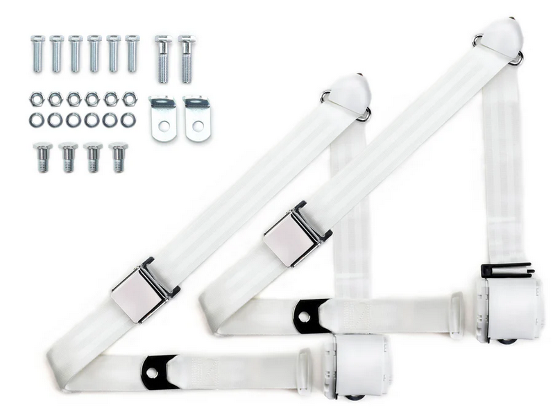 1973-91 gm truck 3pt 359-wht belts w/aviation buckle & 337 hardware kit (pair) RETROBELT RB-7391GMTKKT-WHT