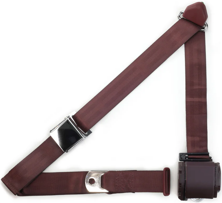 3pt burgundy retractable lap & shoulder belt chrome aviation buckle RETROBELT 359-BRG 3pt burgundy retractable lap & shoulder belt chrome aviation buckle RETROBELT 359-BRG